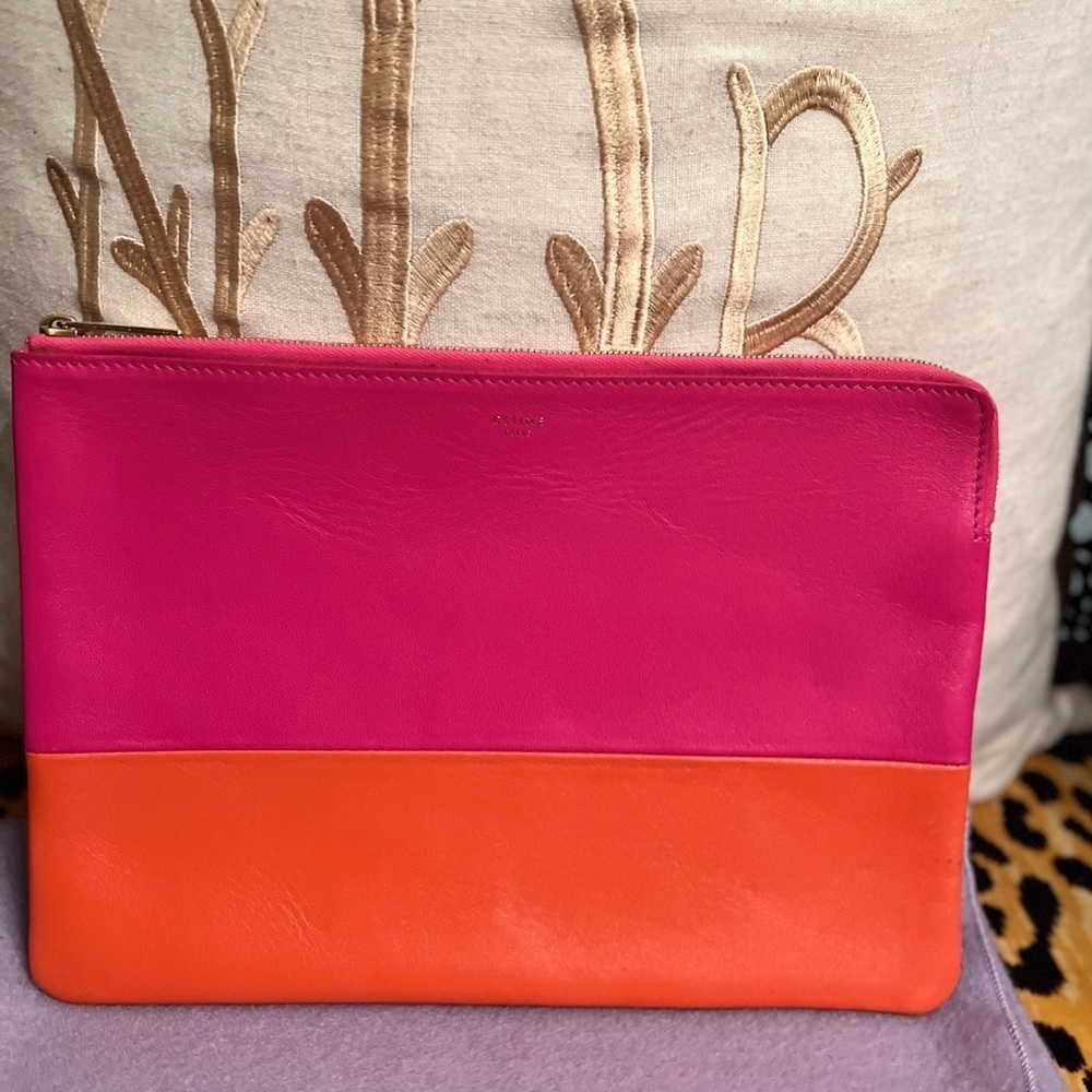 CELINE Clutch Hot Pink & Orange Color Blocking Soft Leather Pochette - Picture 13 of 13